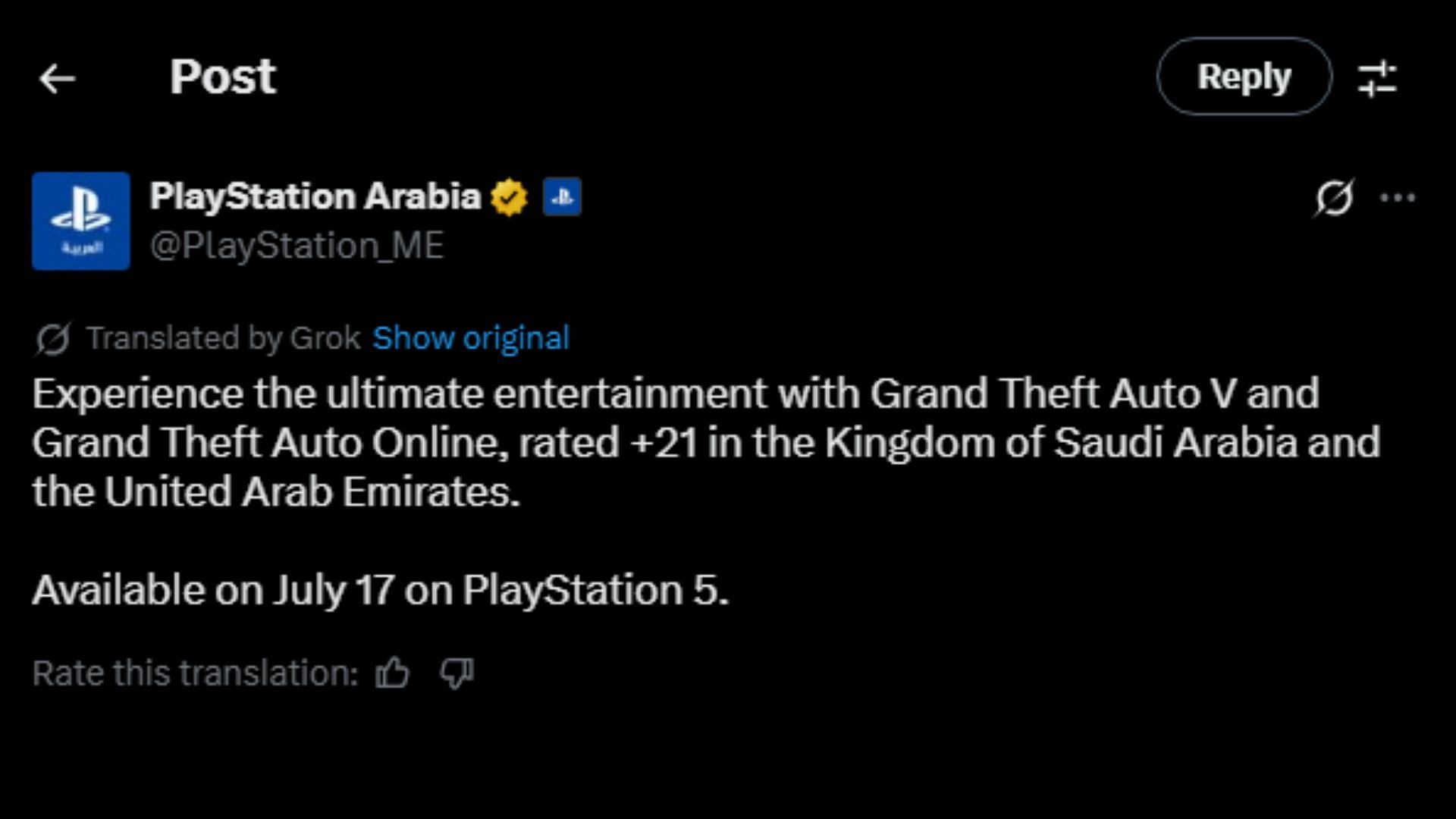 PlayStation Arabia's translated GTA V Online announcement post (Image via X/@PlayStation_ME)